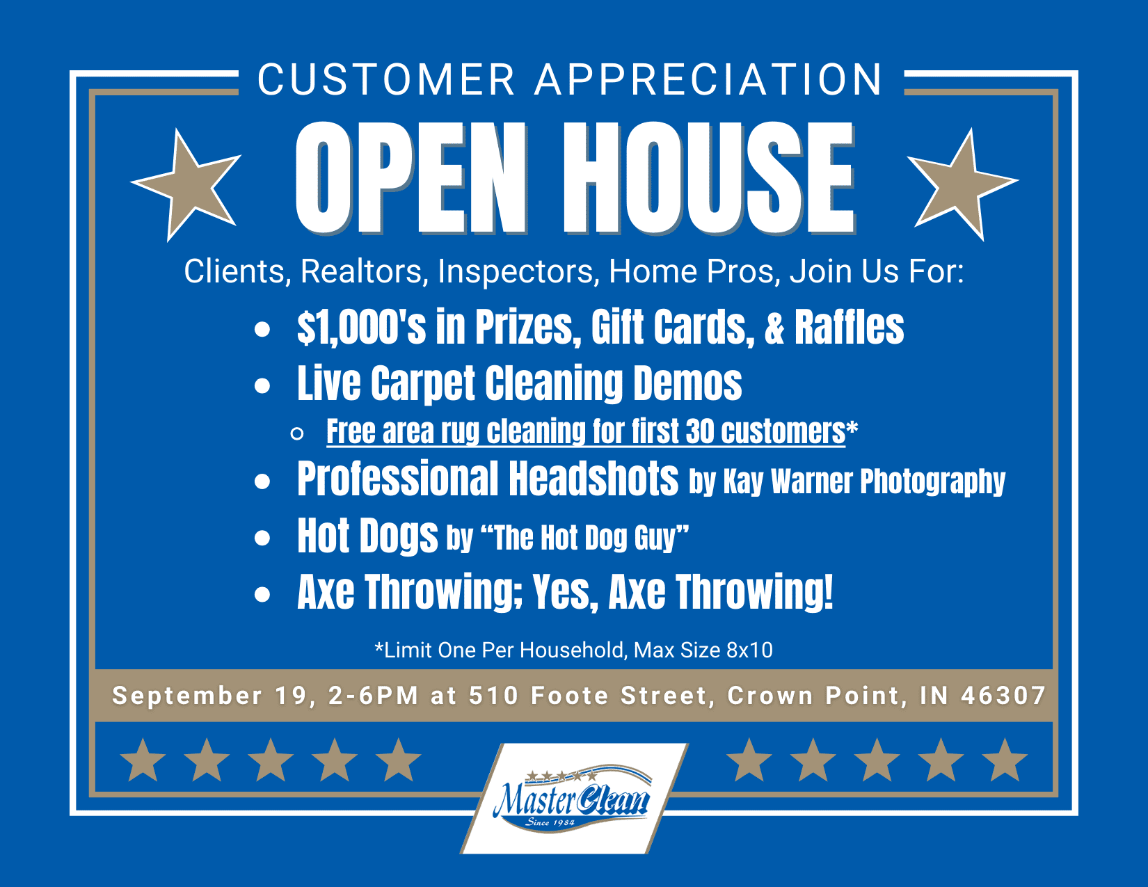 Blue and white promotional flyer for a Customer Appreciation Open House, listing events, prizes, and details for September 19 at Master Clean in Crown Point, IN.